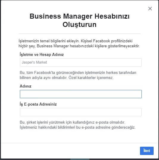 facebook business manager kayıt olma ekranı