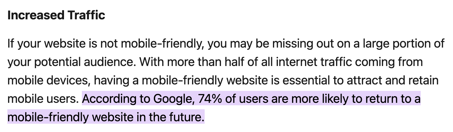 Kullanıcıların %74'ünün mobil uyumlu bir web sitesine geri dönme olasılığı daha yüksektir.