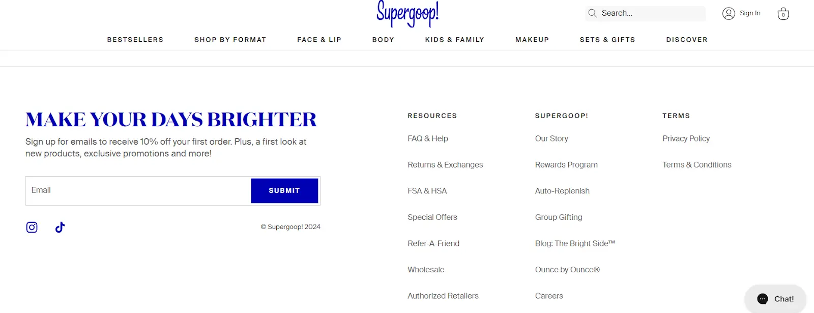 Supergoop e-ticaret footer tasarımı ve politiklalar