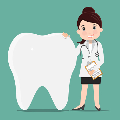 An illustration of a dentist and a tooth in a dental clinic